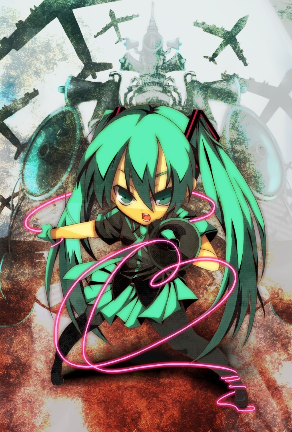 airplane, b-52, bomber, chibi, gloves, green_eyes, green_hair, hatsune_miku, highres, koi_wa_sensou_(vocaloid), long_hair, megaphone, necktie, neji_maki, open_mouth, pantyhose, skirt, solo, twintails, very_long_hair, vocaloid