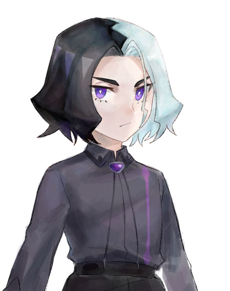 1boy, amethio_(pokemon), black_pants, black_ribbon, bright_pupils, closed_mouth, collared_shirt, commentary_request