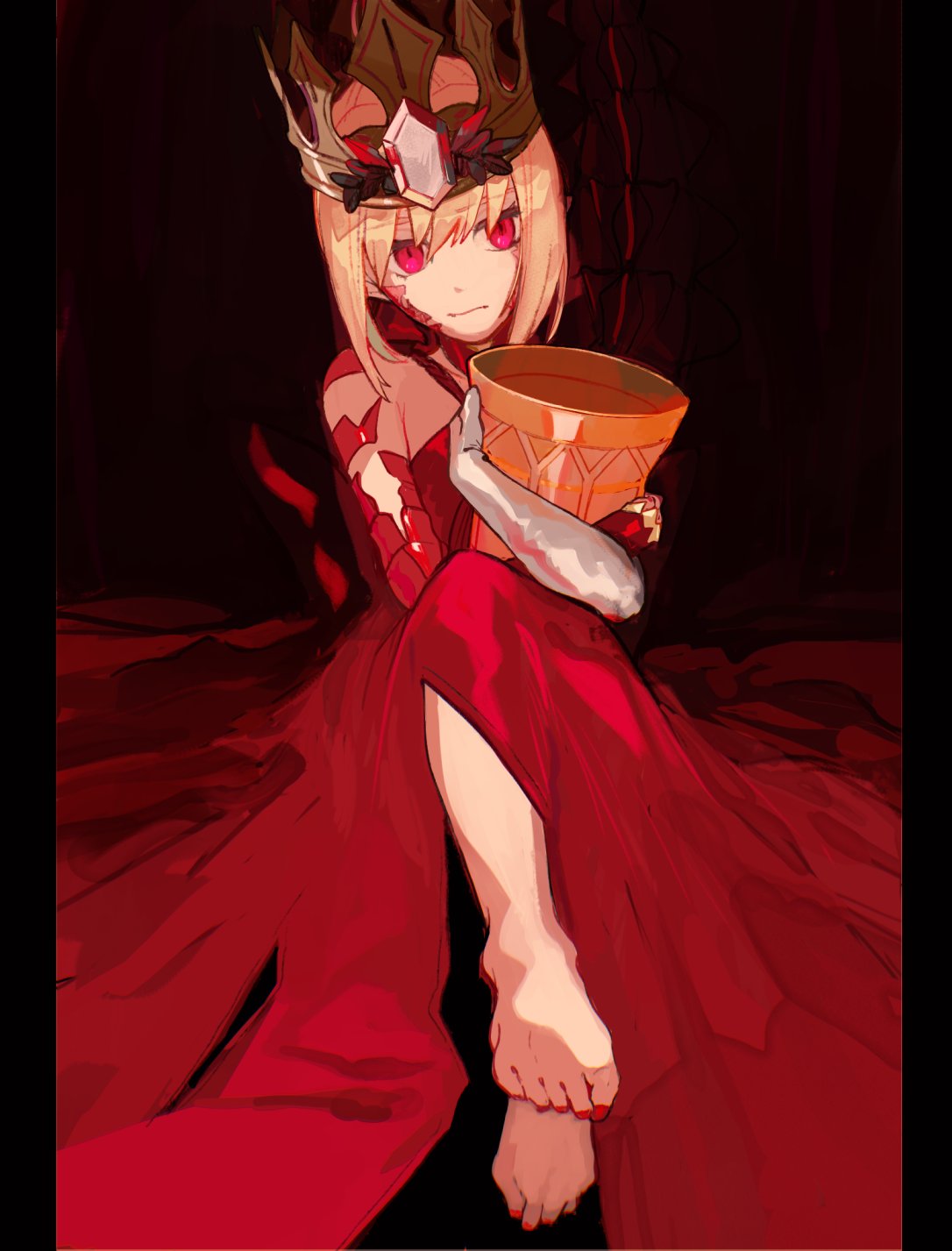 1girl, :|, barefoot, black_background, blonde_hair, claws, closed_mouth, crown
