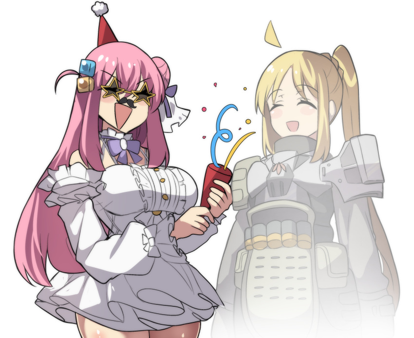 2girls, :d, absurdres, ahoge, alternate_costume, armor, blonde_hair, bocchi_the_rock!