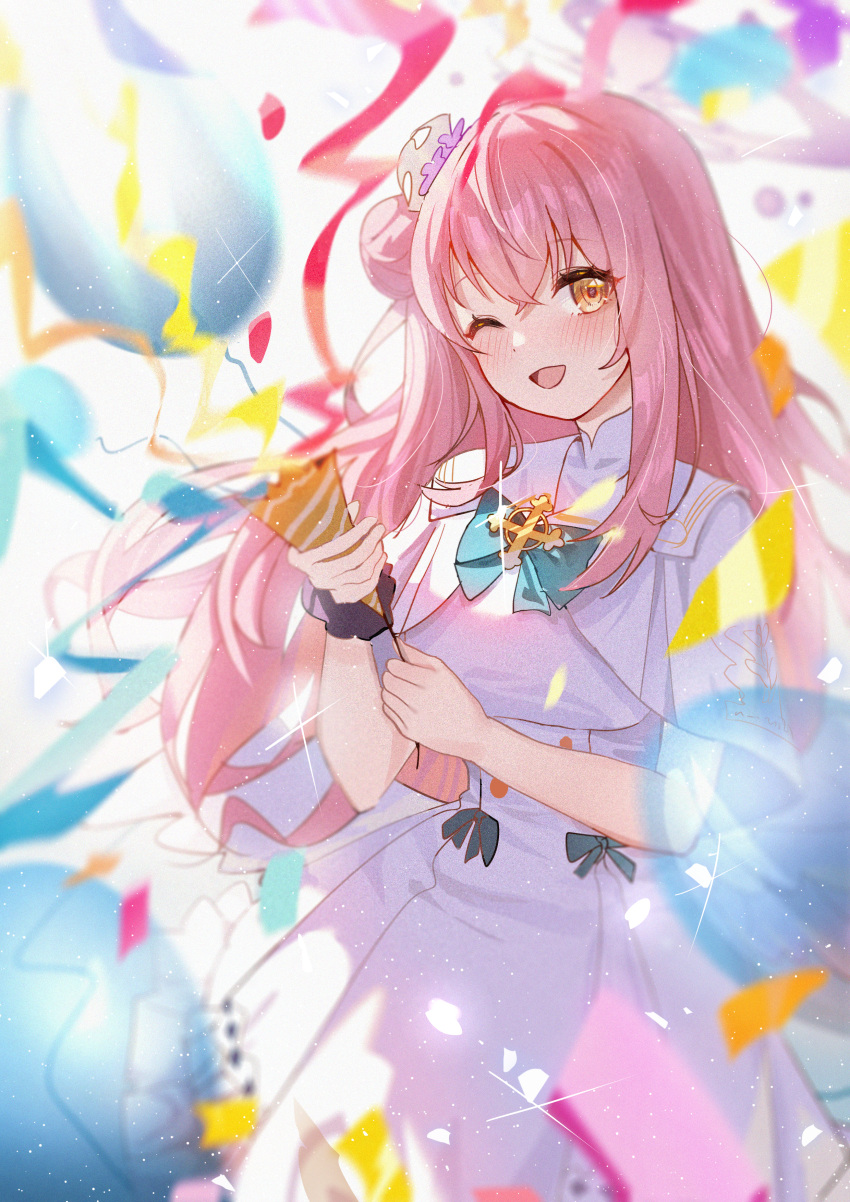 1girl, ;d, absurdres, angel_wings, blue_archive, blunt_bangs, blurry, capelet, commentary_request, confetti, depth_of_field, dress, feathered_wings, flower, hair_bun, hair_flower, hair_ornament, hair_scrunchie, highres, holding_party_popper, long_hair, looking_at_viewer, mika_(blue_archive), one_eye_closed, one_side_up, party_popper, pink_hair, scrunchie, sidelocks, simple_background, single_side_bun, sleeveless_turtleneck_dress, smile, solo, tansuan_(ensj3875), white_capelet, white_dress, white_wings, wings, wrist_scrunchie, yellow_eyes