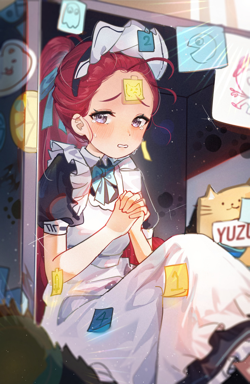 1girl, absurdres, apron, arona's_sensei_doodle_(blue_archive), blue_archive, blurry, bow, cameo