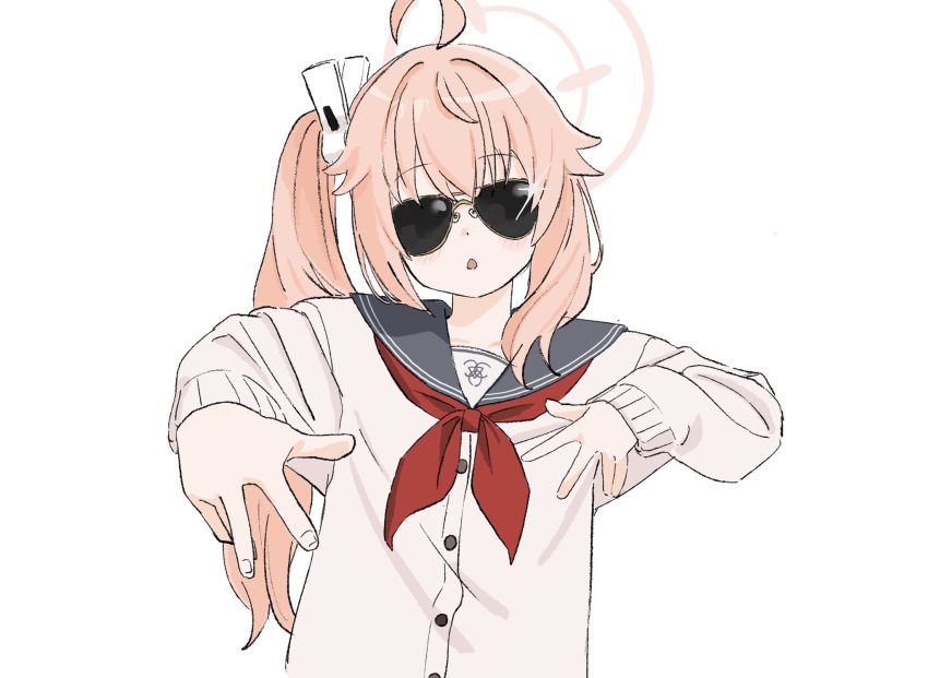1girl, ahoge, aviator_sunglasses, black_sailor_collar, blue_archive, blush, cardigan, chestnut_mouth