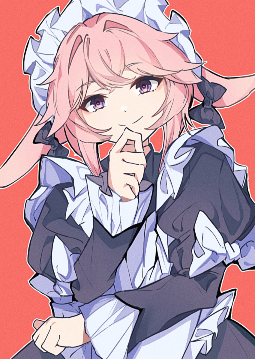 1girl, absurdres, animal_ears, apron, black_bow, black_dress, bow, dress, floppy_ears, fox_ears, frilled_sleeves, frills, genshin_impact, hair_bow, highres, long_wind, looking_at_viewer, maid, maid_headdress, red_background, short_hair, simple_background, sleeve_bow, smile, solo, white_apron, white_bow, yae_miko