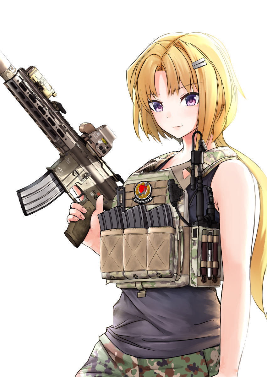 absurdres, assault_rifle, black_shirt, black_tank_top, blonde_hair, bulletproof_vest, camouflage, camouflage_pants