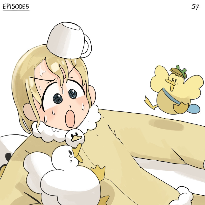 1girl, :o, bag, bird, blonde_hair, bottle_cap, cup, diva_(hyxpk)