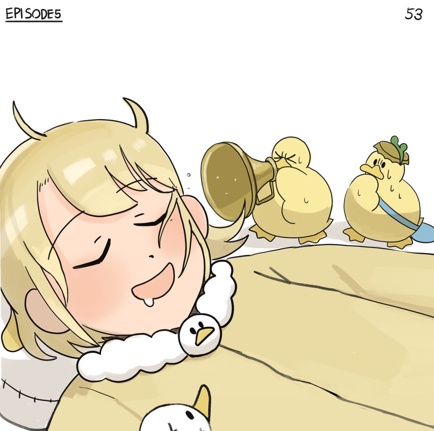 >_<, 1girl, bag, bird, blonde_hair, bottle_cap, closed_eyes, clumsy_nun_(diva)
