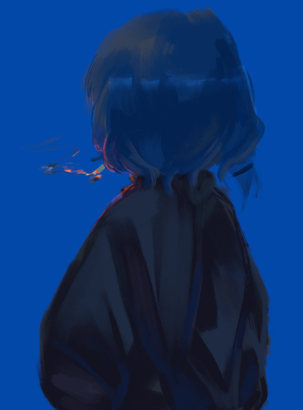 1girl, baggy_clothes, black_shirt, blue_background, blue_hair, bocchi_the_rock!, cigarette, facing_away, hair_ornament, hairclip, kyouko_(rechtzet), long_sleeves, mouth_hold, shirt, short_hair, simple_background, single_sidelock, smoke_trail, smoking, solo, upper_body, yamada_ryou