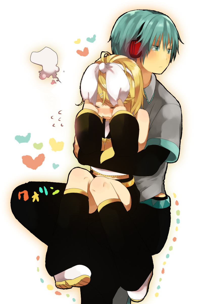 aqua_eyes, aqua_hair, blonde_hair, blush, comforting, embarrassed, genderswap, hair_ornament