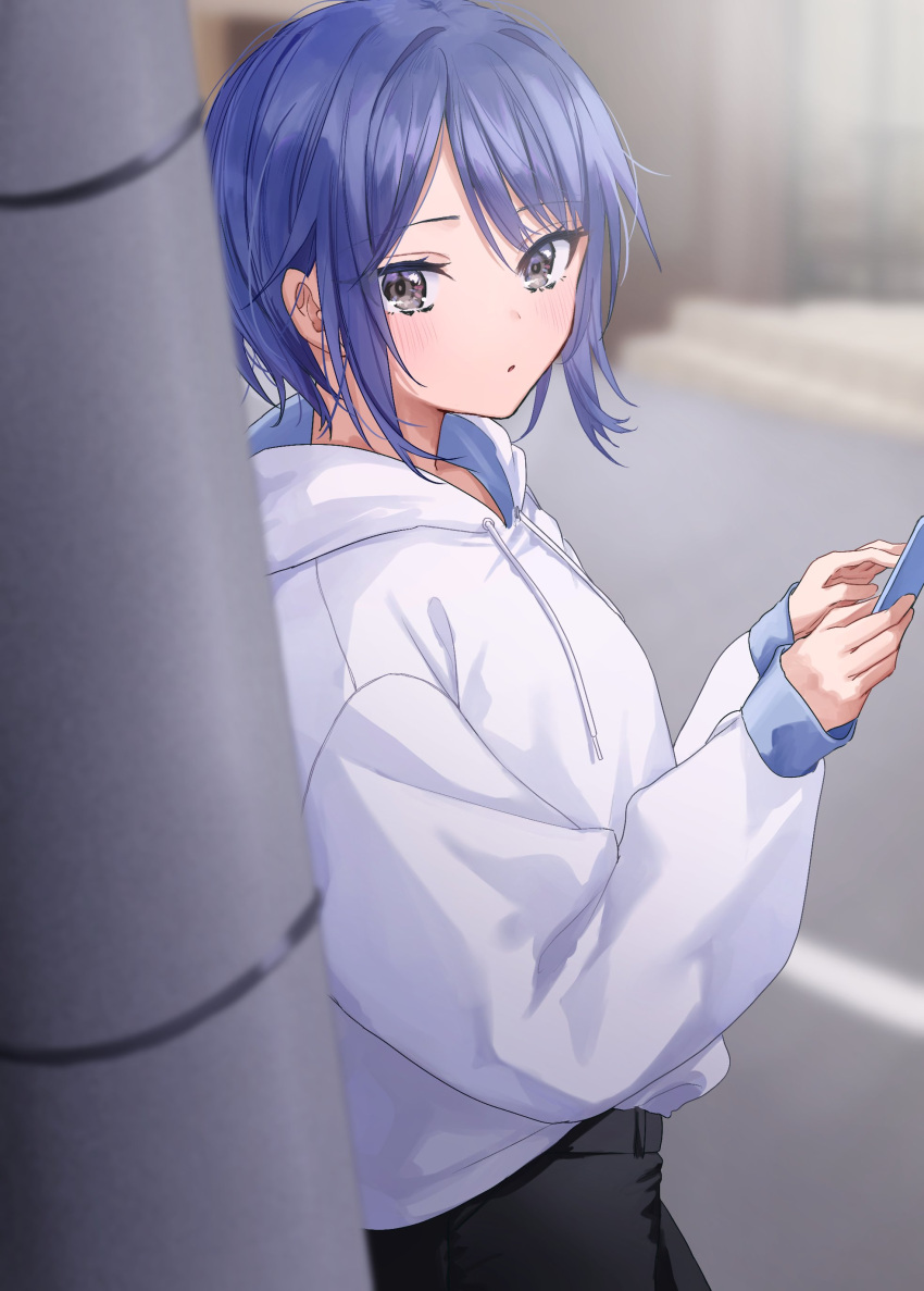 1girl, absurdres, akira_(jitsuimo), black_pants, blue_hair, blurry, blurry_background, blush