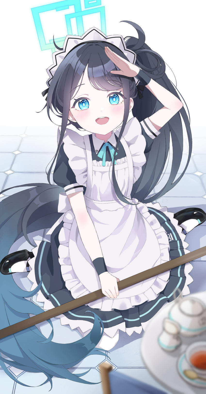 1girl, absurdly_long_hair, absurdres, apron, aris_(blue_archive), aris_(maid)_(blue_archive), black_dress, black_footwear