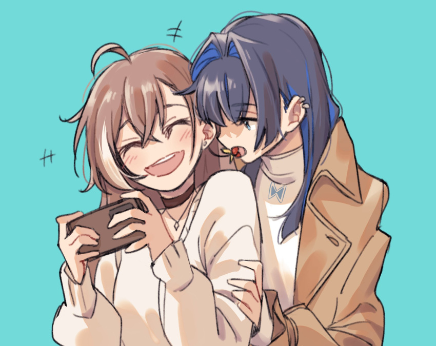 2girls, ahoge, berry, biting_earring, black_choker, blue_background, blue_eyes, blue_hair, blunt_bangs, brmameng, brown_coat, brown_hair, cellphone, choker, closed_eyes, coat, crossed_bangs, earrings, food-themed_earrings, hair_intakes, hair_ornament, hairclip, highres, hime_cut, holding, holding_phone, hololive, hololive_english, jewelry, laughing, long_hair, long_sleeves, multicolored_hair, multiple_girls, nanashi_mumei, nanashi_mumei_(3rd_costume), necklace, official_alternate_costume, ouro_kronii, ouro_kronii_(3rd_costume), phone, shirt, sidelocks, sleeves_past_wrists, smartphone, smile, streaked_hair, sweater, teeth, turtleneck, upper_teeth_only, very_long_hair, virtual_youtuber, white_shirt, white_sweater, yuri
