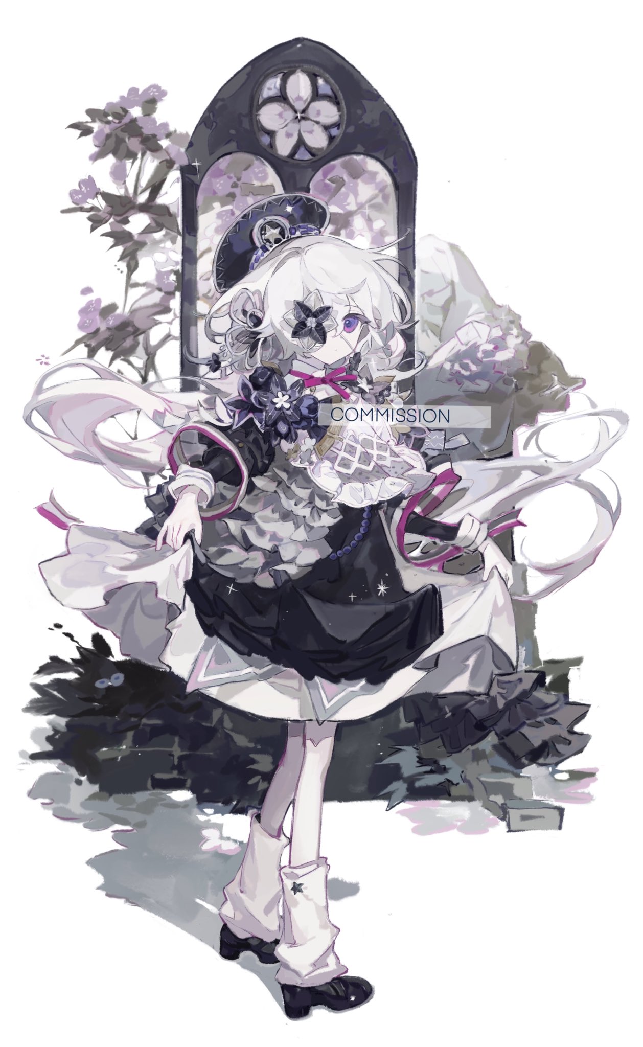 1girl, black_footwear, bow, closed_mouth, commission, flower, flower_eyepatch, from_side