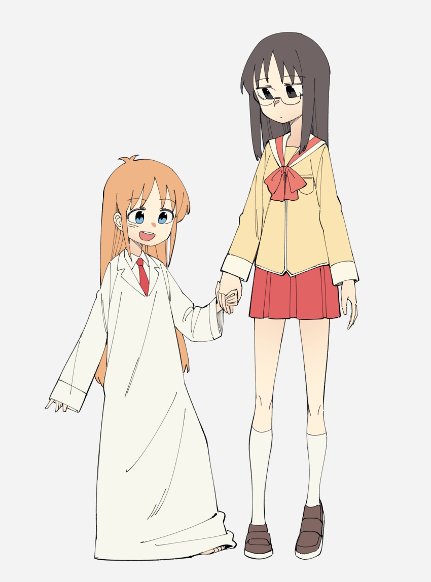 2girls, absurdres, black_eyes, black_hair, blue_eyes, bow, bowtie, brown_footwear