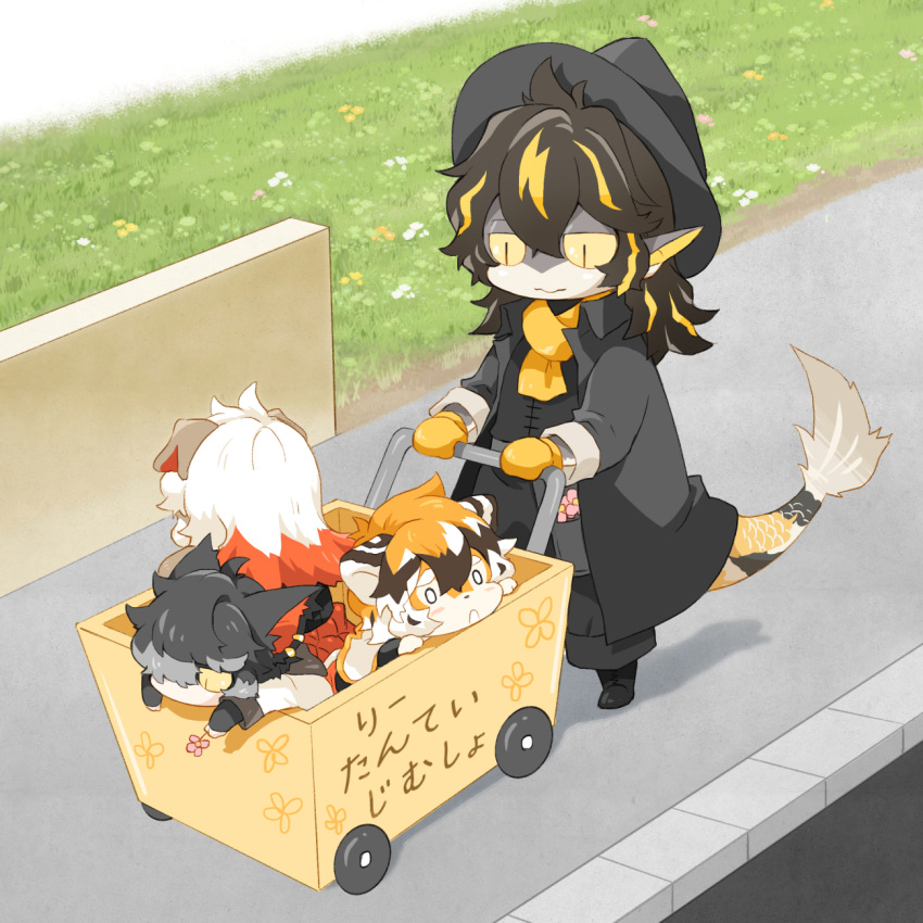 1girl, 3boys, aak_(arknights), animal_ears, arknights, black_coat, black_headwear, cart