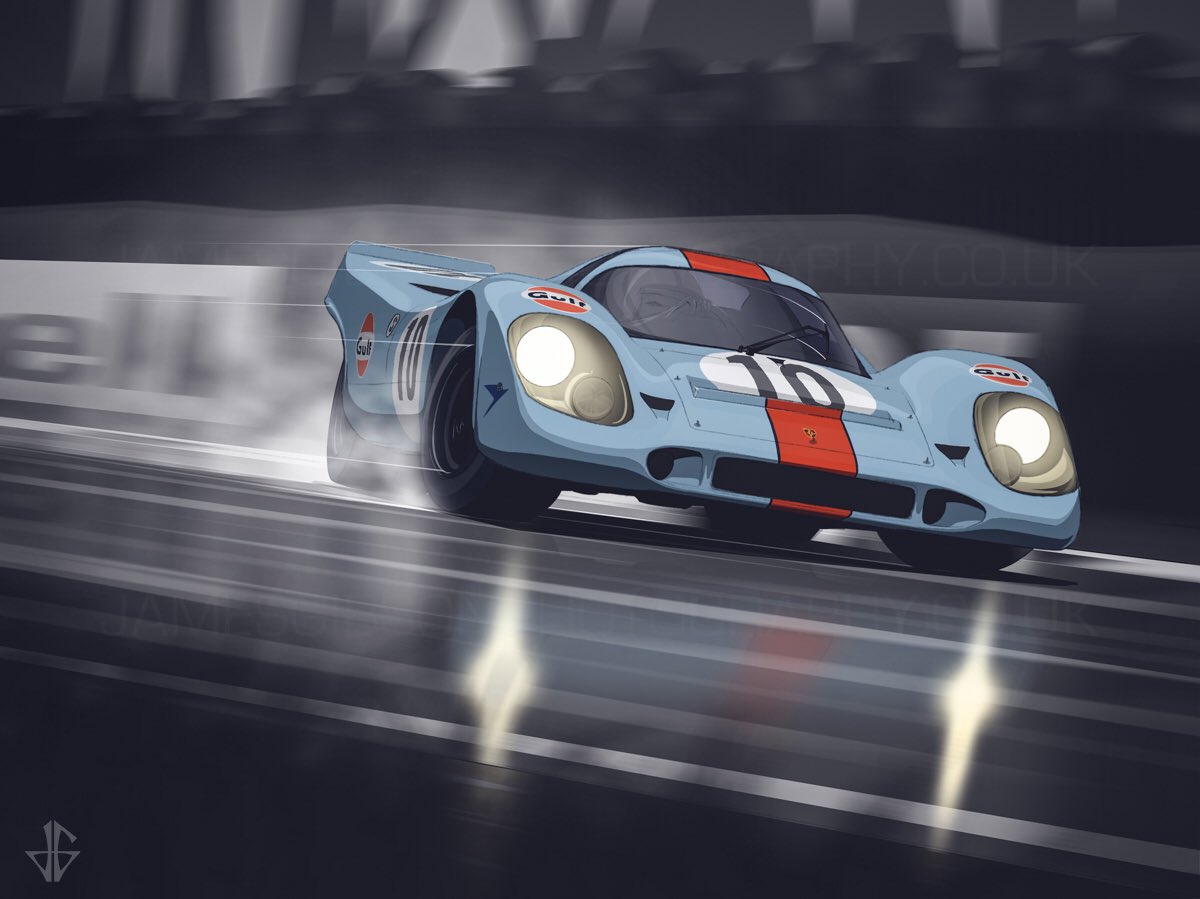 1boy, car, driving, english_commentary, glowing, helmet, james_gibson, motion_blur, motor_vehicle, pedro_rodriguez, porsche, porsche_917, race_vehicle, racecar, real_life, spot_color, vehicle_focus, watermark, web_address