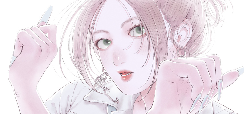 1girl, absurdres, aespa, brown_hair, earrings, fingernails, girls_(aespa), green_eyes