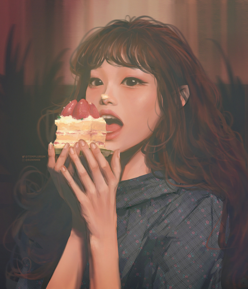 1girl, black_eyes, brown_hair, cake, chuu_(loona), cream, cream_on_face, english_commentary