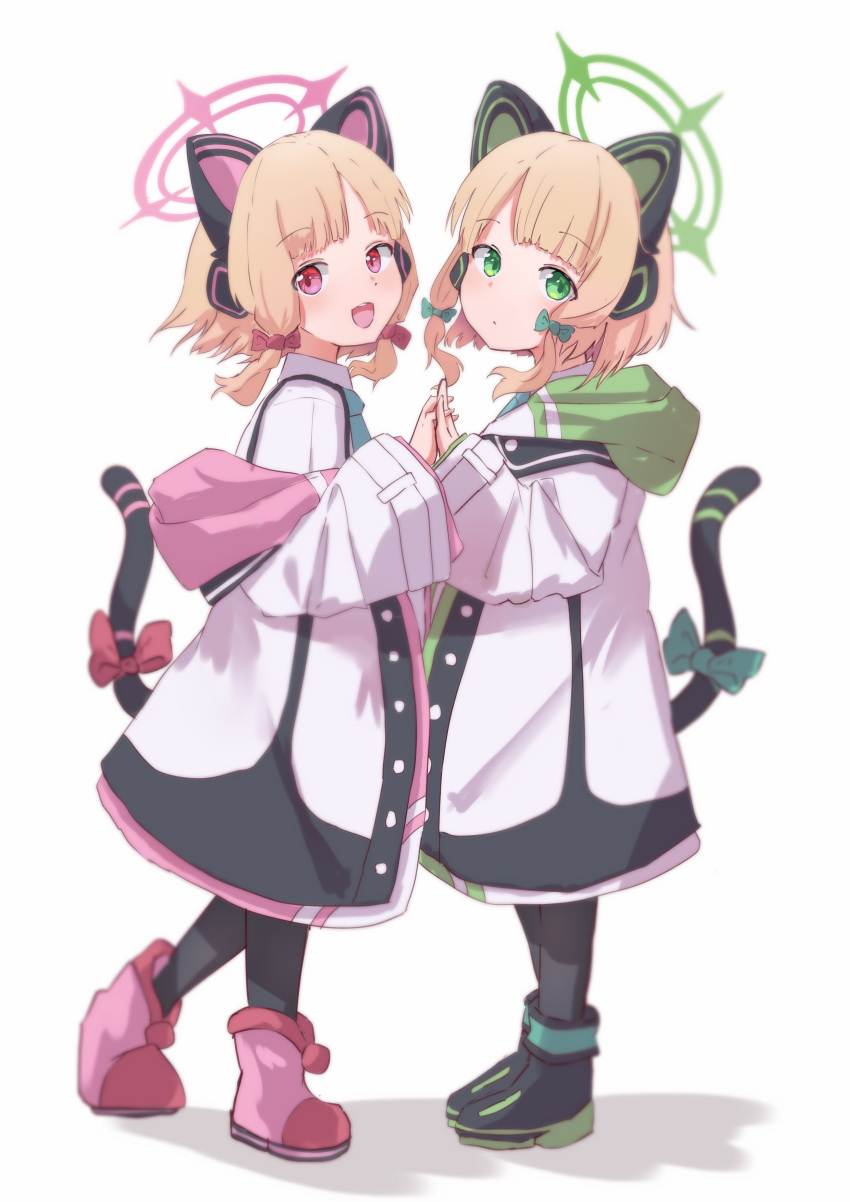 2girls, :d, absurdres, animal_ear_headphones, animal_ears, black_footwear, black_pantyhose, blonde_hair