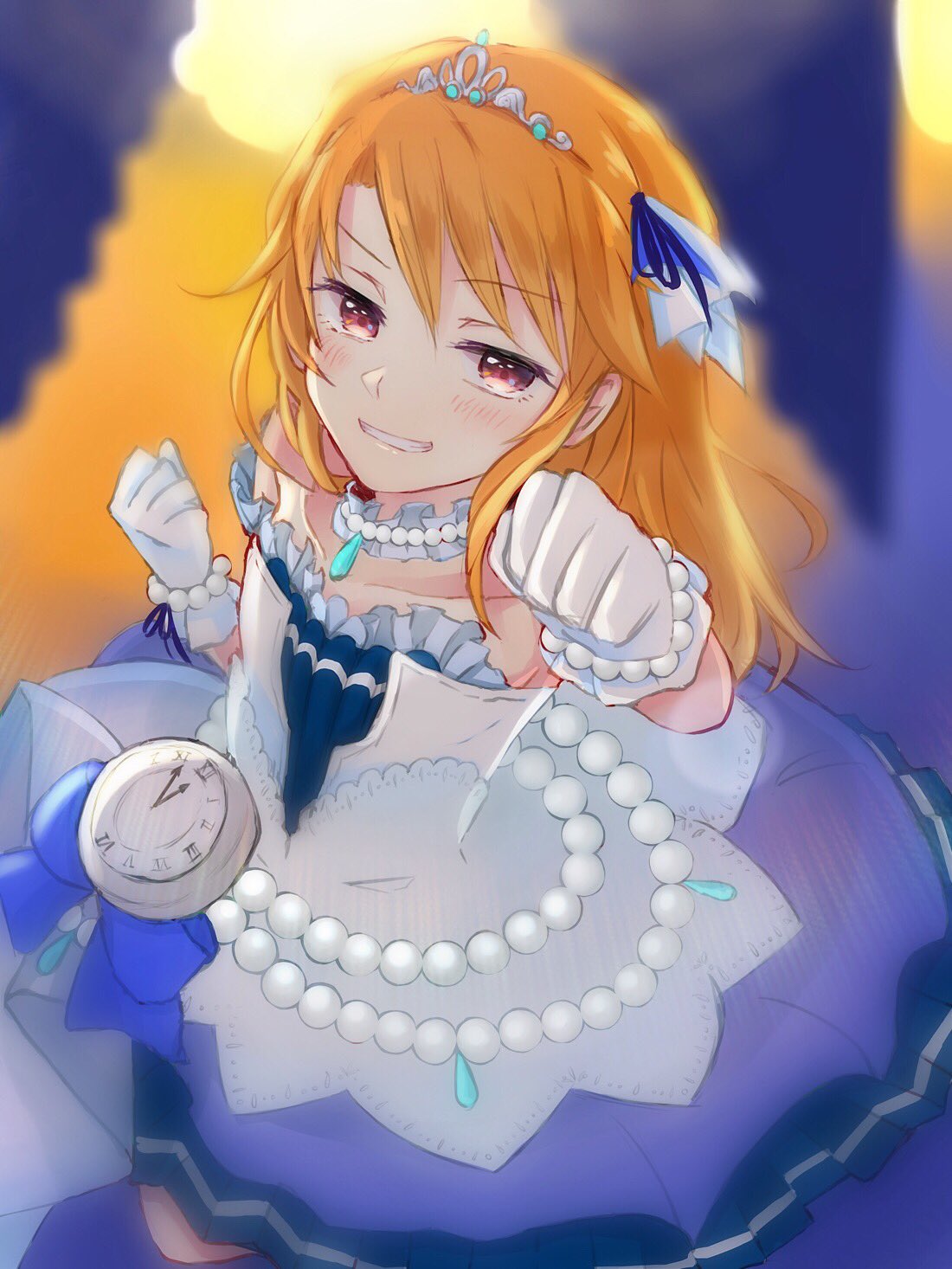 1girl, bare_shoulders, blush, bracelet, brown_eyes, clenched_hands, commentary_request, dress