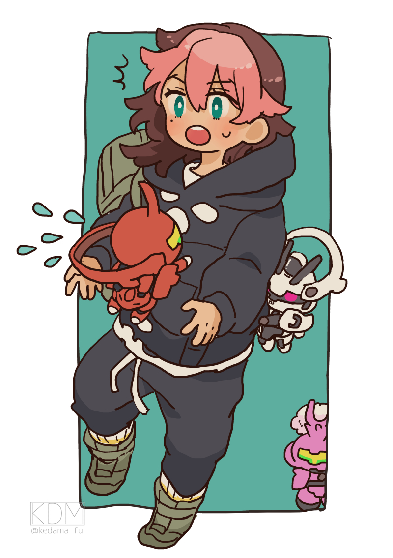 1boy, backpack, bag, black_hoodie, blue_eyes, blush, boots, chibi