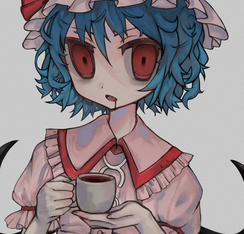 1girl, bat_wings, blood, blood_from_mouth, blood_on_face, blue_hair, commentary, cup