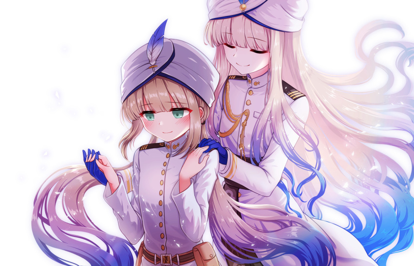 2boys, belt, belt_pouch, blonde_hair, blue_gloves, blush, captain_nemo_(fate), closed_eyes