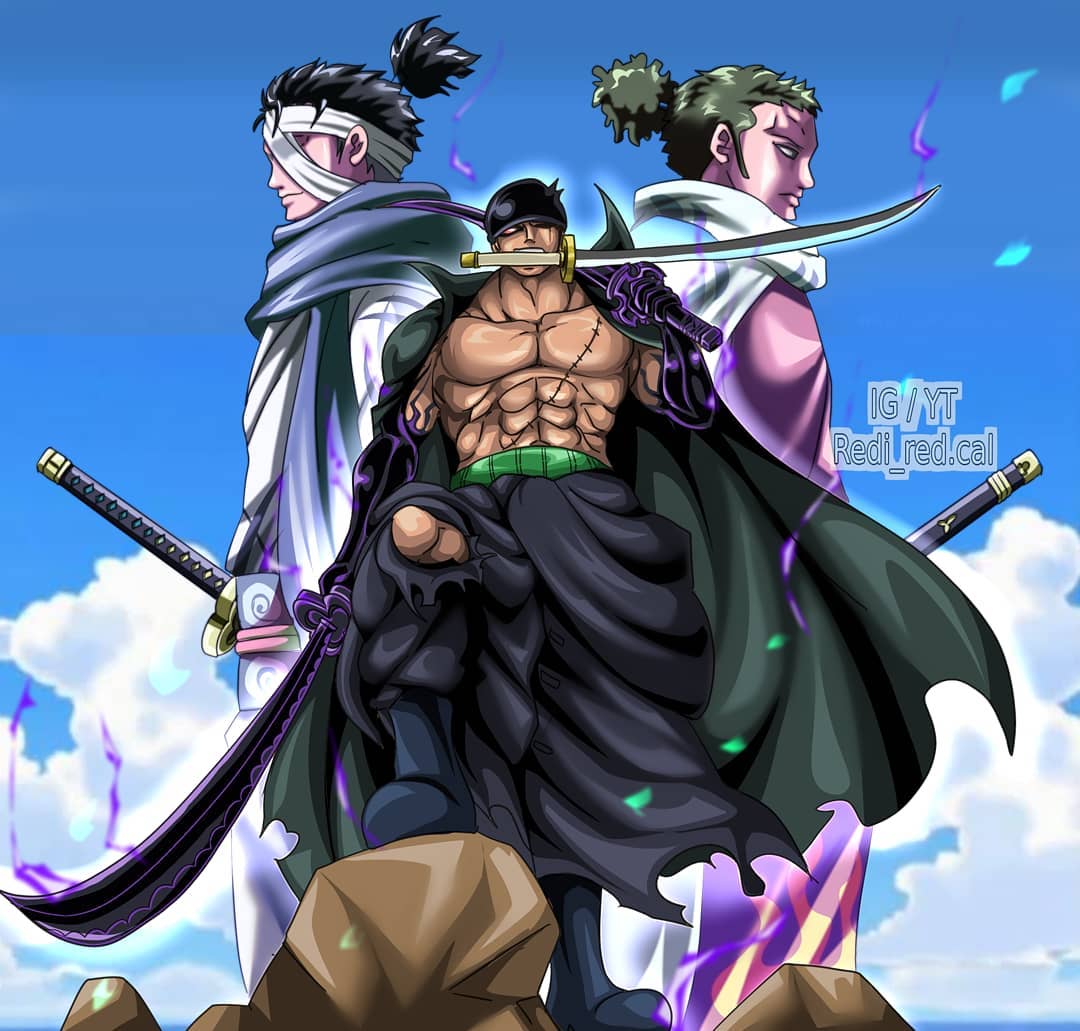 3boys, artist_name, bandages, bandana, black_hair, cape, closed_mouth, full_body