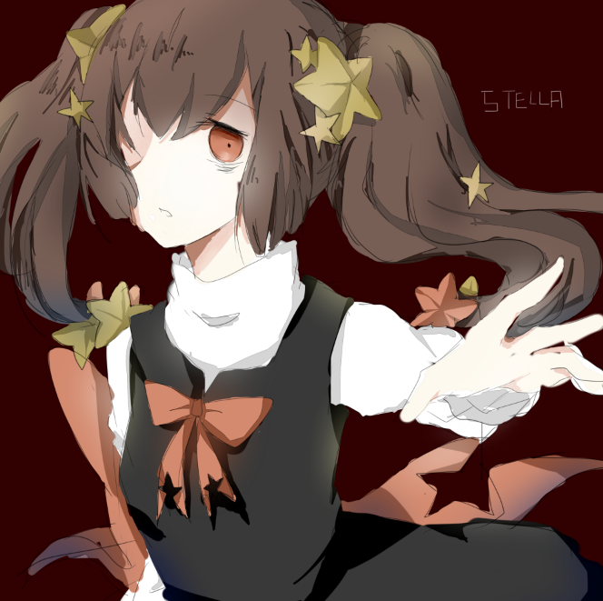 1girl, ayinyin, black_dress, brown_hair, character_name, dress, hair_ornament, long_sleeves