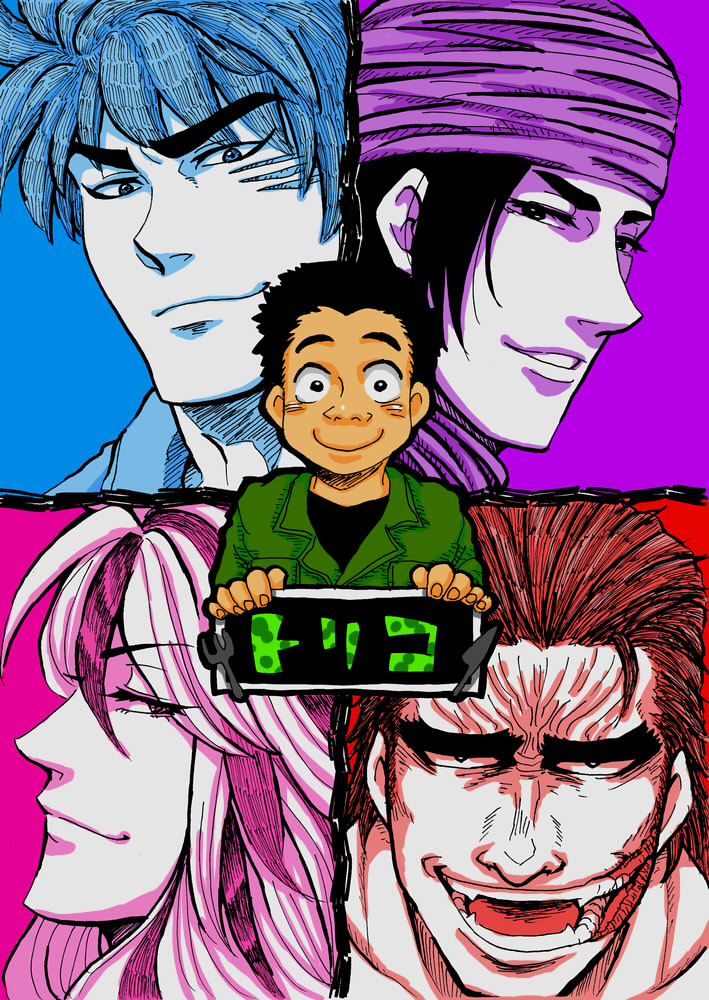 5boys, blue_background, blush, coco_(toriko), commentary_request, copyright_name, fangs, furrowed_brow