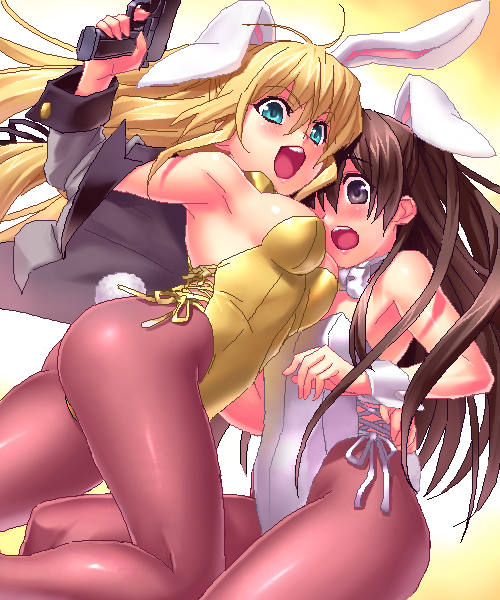 2girls, aqua_eyes, ass, blonde_hair, brown_eyes, brown_hair, bunny_ears, bunnysuit