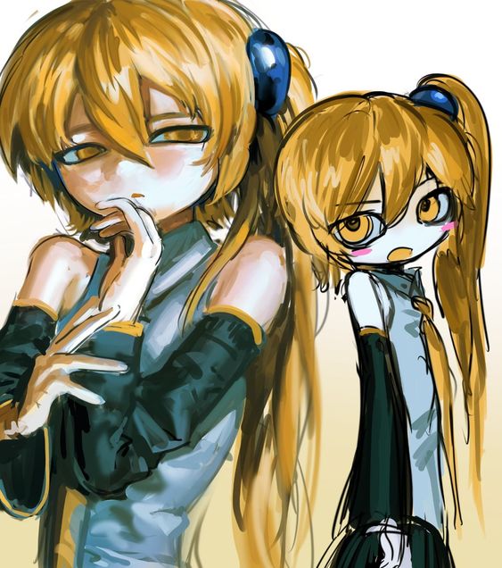 1girl, akita_neru, arm_warmers, blonde_hair, blush, chibi, grintasia, long_hair