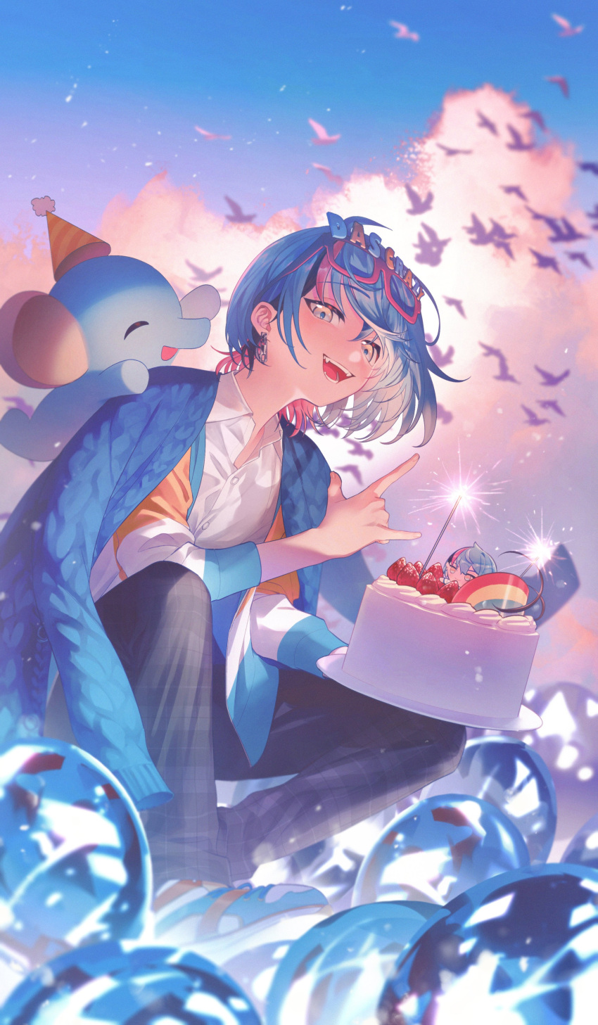 1boy, :d, \m/, ^_^, absurdres, bird, birthday, birthday_cake