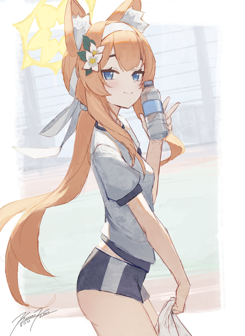 1girl, animal_ear_fluff, animal_ears, blonde_hair, blue_archive, blue_eyes, breasts, gym_uniform