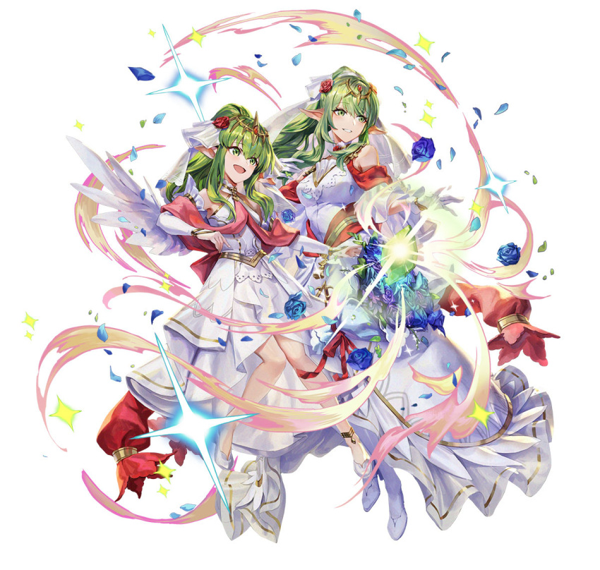 2girls, attack, bare_shoulders, blue_flower, bouquet, breasts, bridal_legwear, bridal_veil