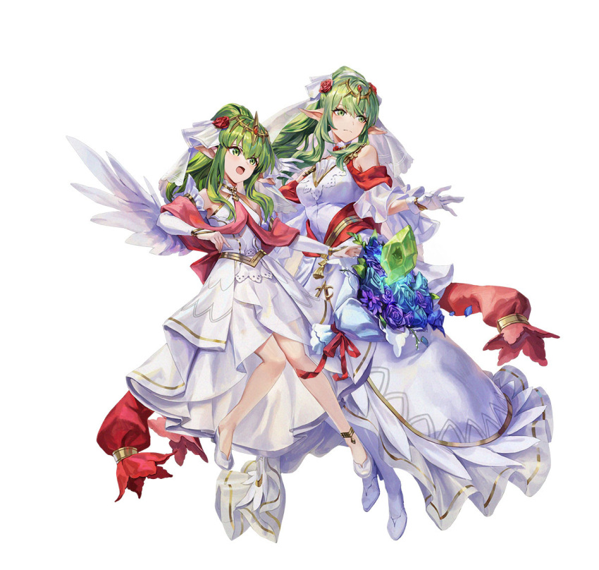 2girls, attack, bare_shoulders, blue_flower, bouquet, breasts, bridal_legwear, bridal_veil