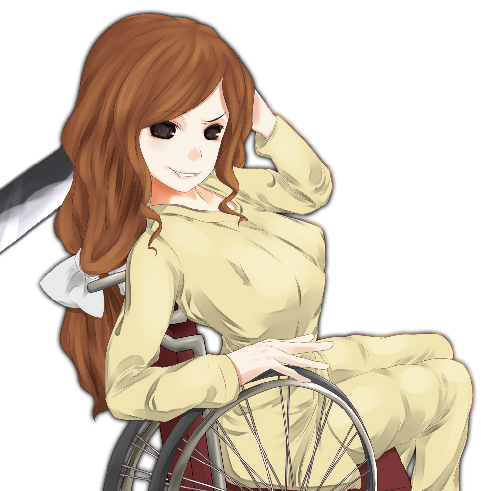 1girl, black_eyes, bow, breasts, brown_hair, commentary_request, from_side, grin