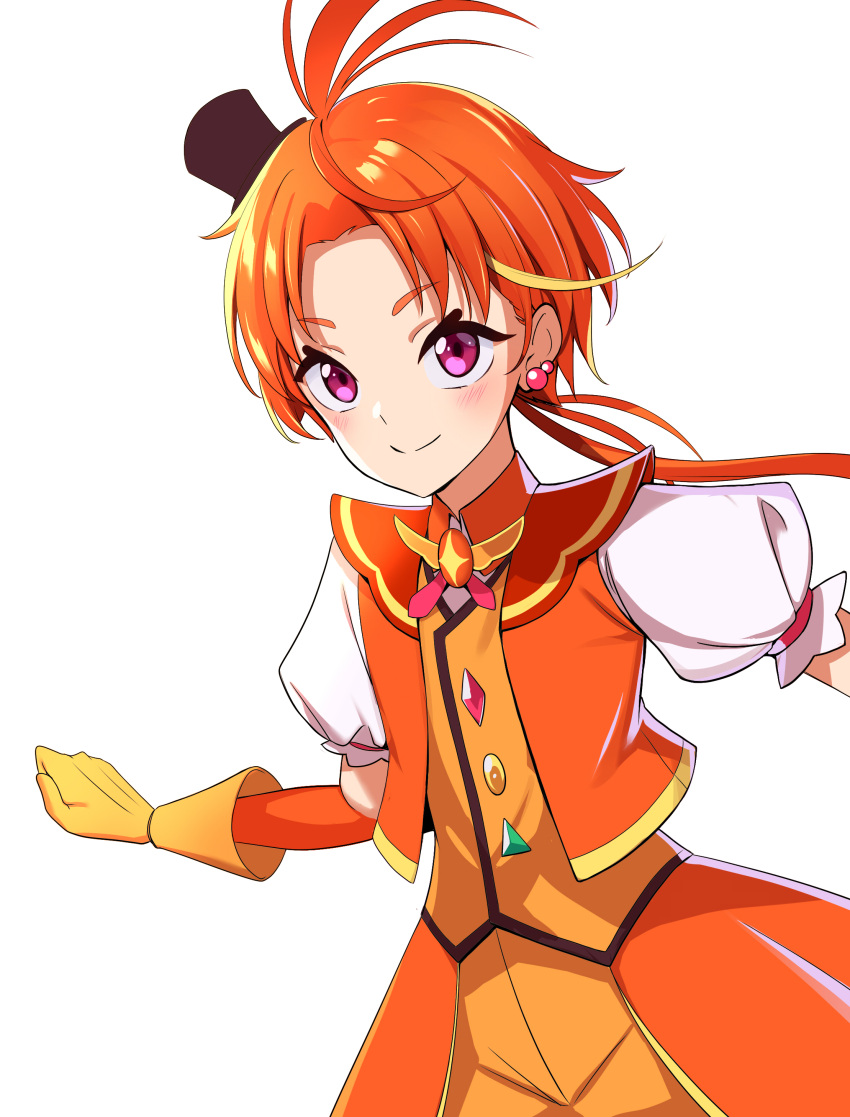 1boy, absurdres, ahoge, cure_wing, earrings, gloves, hat, highres, hirogaru_sky!_precure, jewelry, magical_boy, marui_koishi, mini_hat, mini_top_hat, orange_sailor_collar, precure, puffy_short_sleeves, puffy_sleeves, rattail, red_eyes, sailor_collar, short_sleeves, simple_background, smile, solo, top_hat, white_background, yuunagi_tsubasa