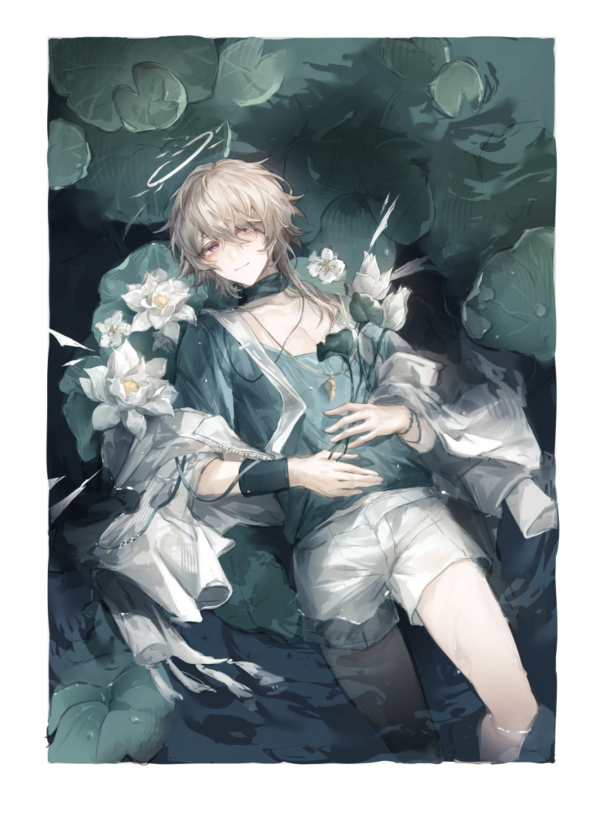 1boy, absurdres, arknights, blue_shirt, brown_hair, closed_mouth, collarbone, enforcer_(arknights)