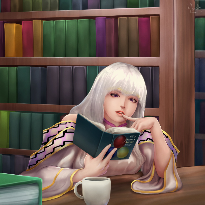 1girl, book, bookshelf, circlet, coffee_cup, commission, commissioner_upload, cup, disposable_cup, finger_to_mouth, fire_emblem, fire_emblem:_genealogy_of_the_holy_war, fire_emblem_heroes, highres, holding, holding_book, indoors, julia_(fire_emblem), library, loptoart, open_mouth, reading, signature, sitting, table, violet_eyes, white_hair