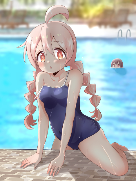 2girls, ahoge, braid, brown_hair, genderswap, genderswap_(mtf), hozuki_momiji, long_hair, looking_at_another, looking_at_viewer, multiple_girls, one-piece_swimsuit, onii-chan_wa_oshimai!, orange_eyes, oyama_mahiro, pink_hair, pool, pool_ladder, poolside, school_swimsuit, shachikunoosamu, swimsuit, twin_braids, wet