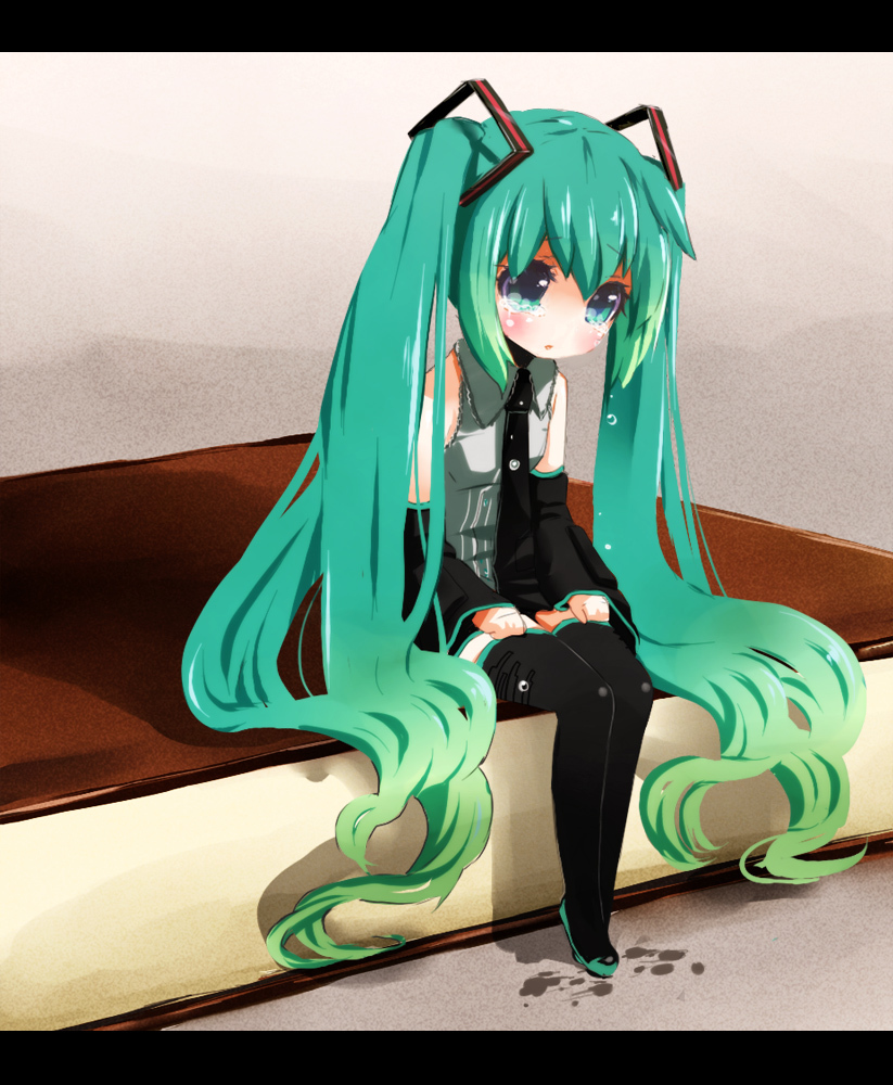 aqua_eyes, aqua_hair, chikkuru, detached_sleeves, hatsune_miku, long_hair, necktie, sitting