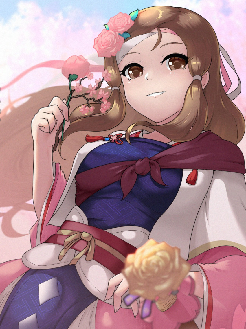 1girl, brown_eyes, brown_hair, fire_emblem, fire_emblem_fates, fire_emblem_heroes, flower, hair_flower