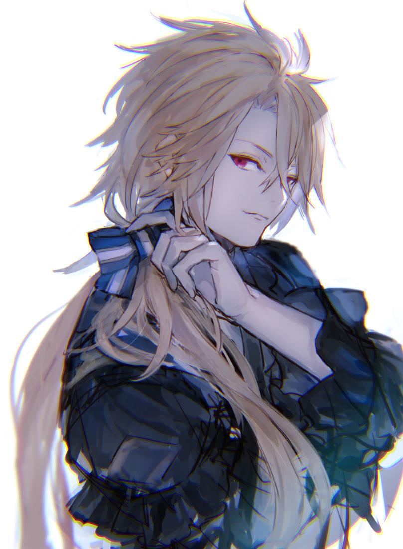 1boy, aglovale_(granblue_fantasy), black_shirt, blonde_hair, blue_bow, bow, frilled_shirt, frills