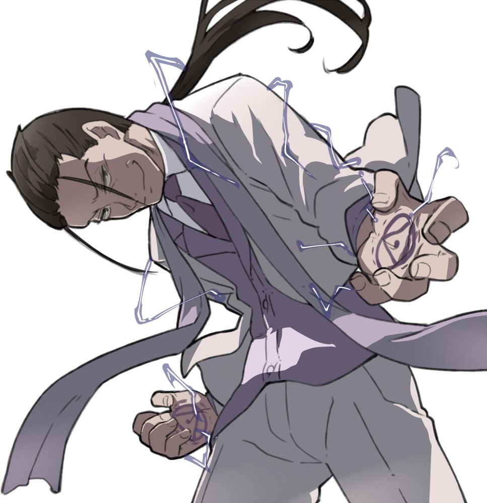 1boy, black_hair, electricity, fullmetal_alchemist, hair_strand, jacket, long_hair, long_sleeves