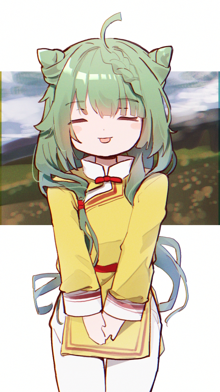 1girl, :p, ahoge, blush, bow, braid, braided_bangs, closed_eyes