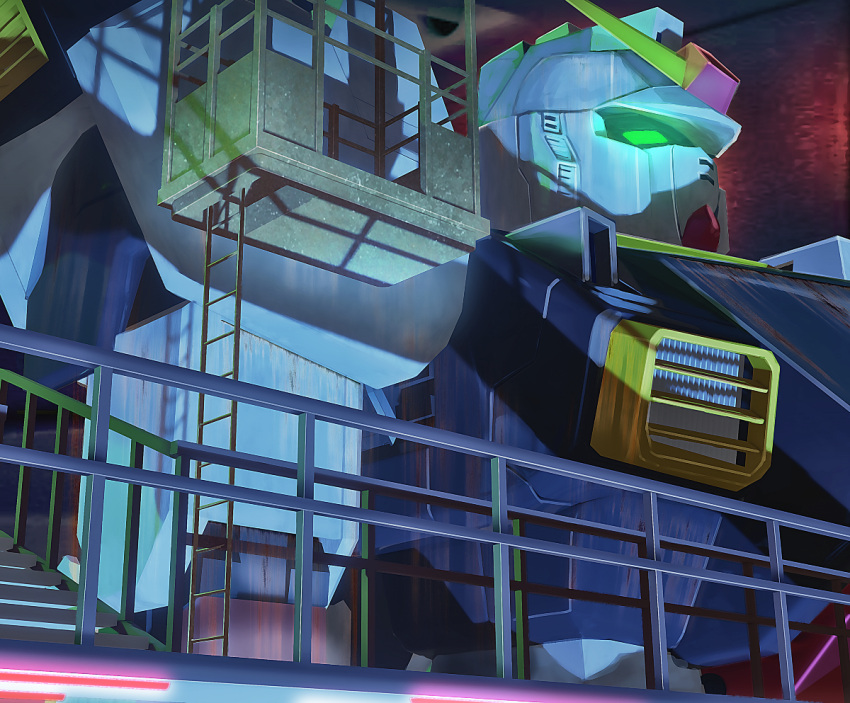catwalk_(walkway), close-up, facing_to_the_side, green_eyes, gundam, indoors, ladder, mecha