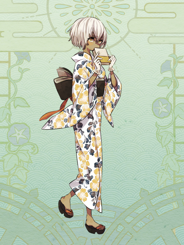 1girl, book, brown_eyes, clara_lindvall, dairoku_ryouhei, dark-skinned_female, dark_skin, floral_print, gloves, green_background, hair_between_eyes, hands_up, holding, holding_book, japanese_clothes, kimono, obi, sandals, sash, seiyakarutaken, short_hair, solo, white_gloves, white_hair, wide_sleeves, yukata
