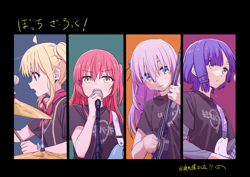 4girls, ahoge, black_shirt, blonde_hair, blue_eyes, blue_hair, bocchi_the_rock!, closed_mouth