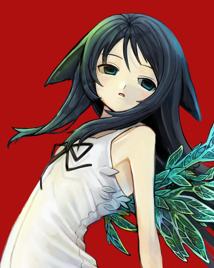 1girl, bare_shoulders, black_hair, dress, flat_chest, green_eyes, green_wings, hair_flaps